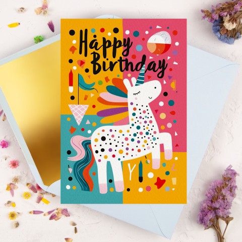 Kartka na urodziny dla dziecka z kolorowym jednorożcem - Colorful Unicorn